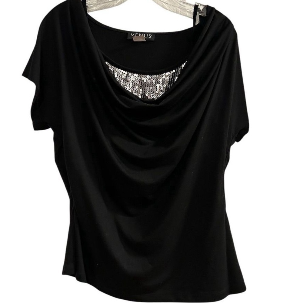 Venus Women's XL Black Cowl Neck Blouse with Sequin Detail